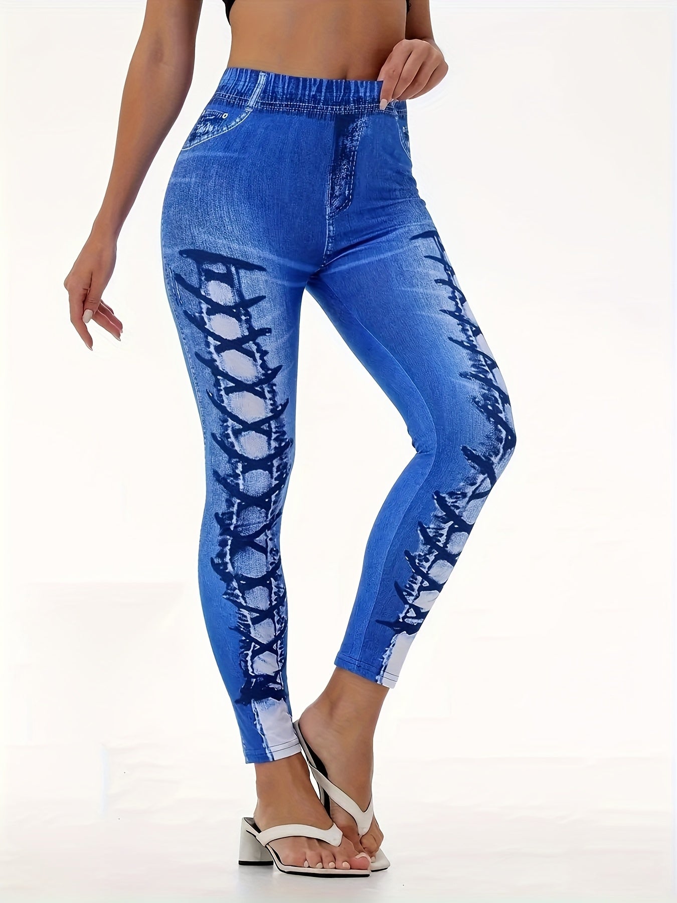 Women's High-Waist Stretch Denim-Look Leggings with 3D Ripped Print, Elastic Waistband, Faux Pockets & Buttons, Comfortable Yoga & Casual Wear for All Seasons, High-Waist Stretch Denim-Look Leggings, Allseasons Apparel, Mediu